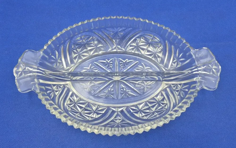 Vintage Anchor Hocking Clear Glass Divided Relish Dish Stars and Bars 10x6